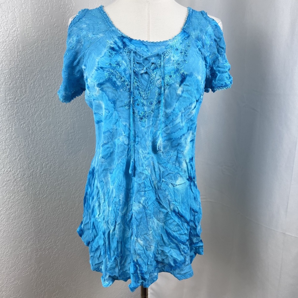 Y2K Advance Apparels Top Womens Free Size Blue Cold Shoulder Sheer Boho Hippie